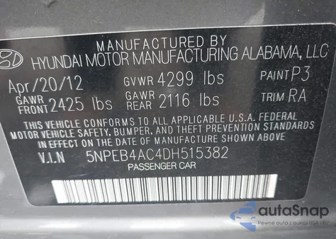 2013 Hyundai Sonata Gls z USA, uszkodzony, nr VIN 5NPEB4AC4DH515382